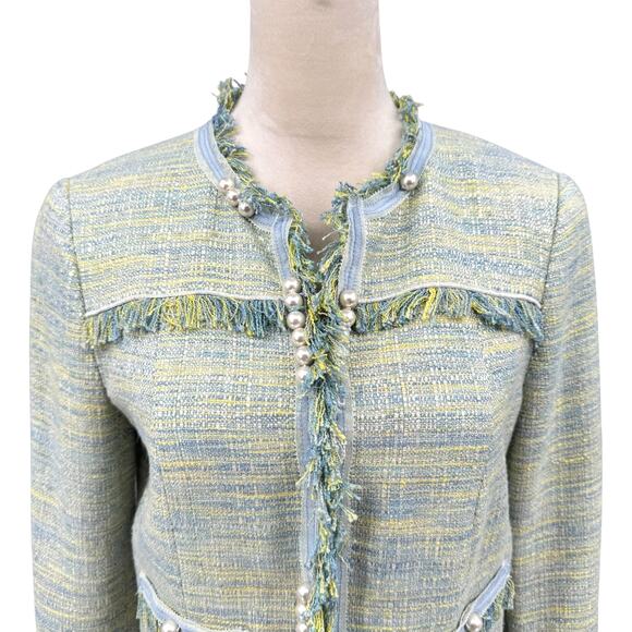 Worth New York NWT Green Yellow Boucle Tweed Fringe Trim Designer Blazer Jacket - Picture 4 of 16